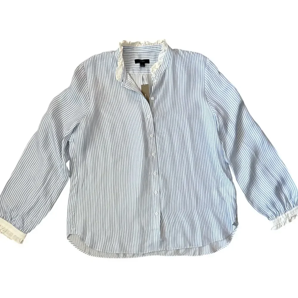 J.‎ Crew Drapey Ruffled Trim Cupro Blend Shirt Blue Stripe Size Large